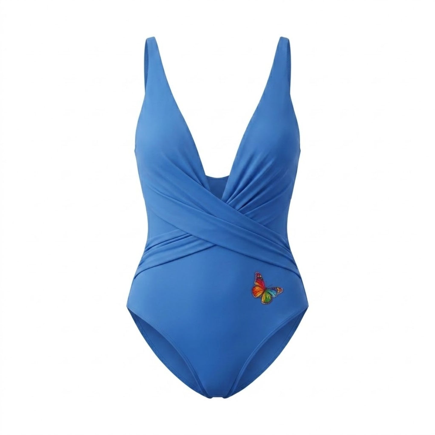 Costume Intero Donna Azzurro – Scollo V Profondo, Drappeggio Incrociato e Dettaglio Farfalla