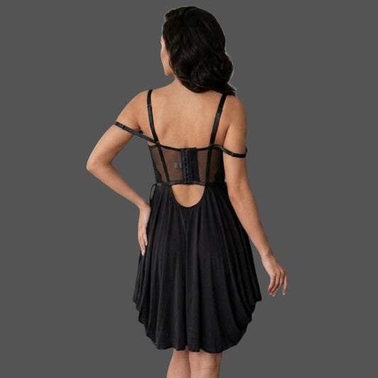 Babydoll Nero in Pizzo e Raso – Set Due Pezzi con Slip | Lingerie da Notte Donna