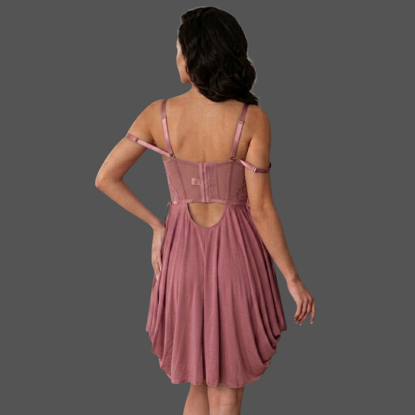 Babydoll Intimo Notte Rosa Antico in Pizzo e Satin – Lingerie Sensuale con Coppe Pizzo Trasparente