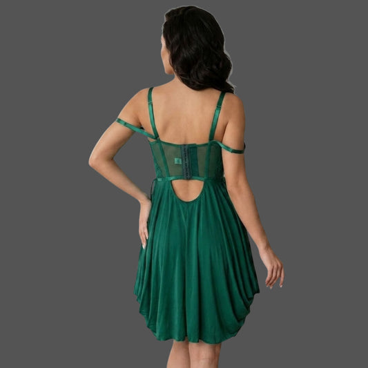 Babydoll Intimo Notte Verde Smeraldo in Pizzo e Satin – Lingerie Elegante con Coppe Trasparenti e Spacco Laterale