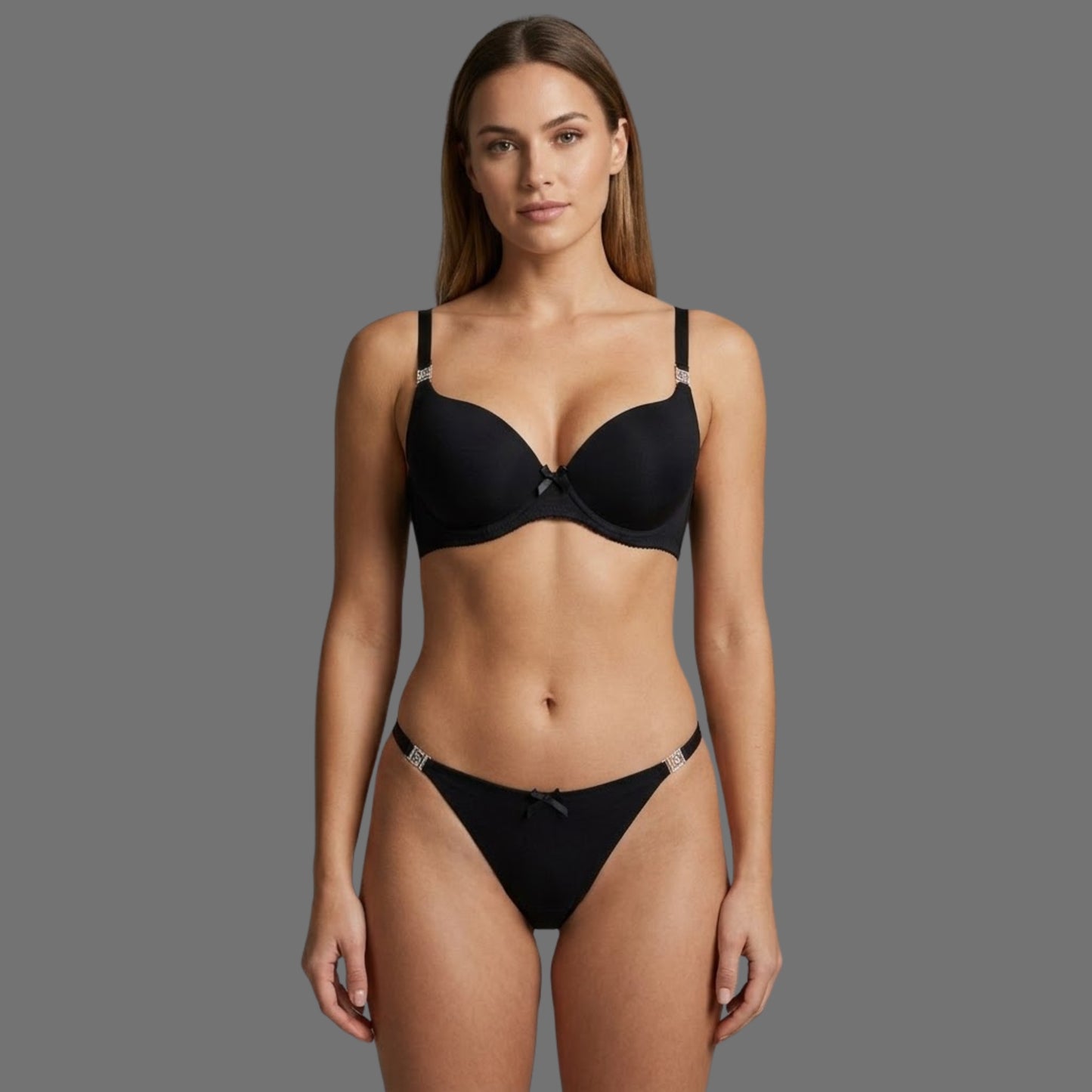Completo Intimo Nero | Reggiseno Push-Up e Slip con Fiocco - Donna Italiana