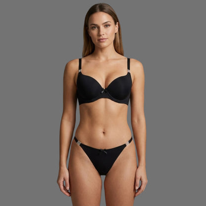 Completo Intimo Nero | Reggiseno Push-Up e Slip con Fiocco - Donna Italiana