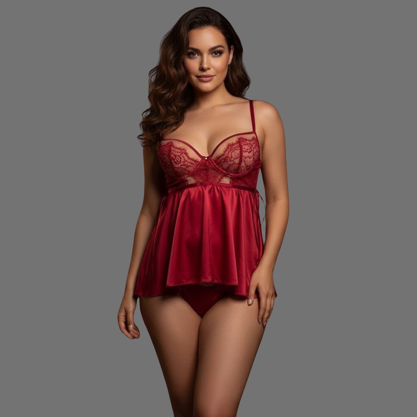 Babydoll Rosso in Pizzo e Raso – Set Due Pezzi con Slip | Lingerie da Notte Donna