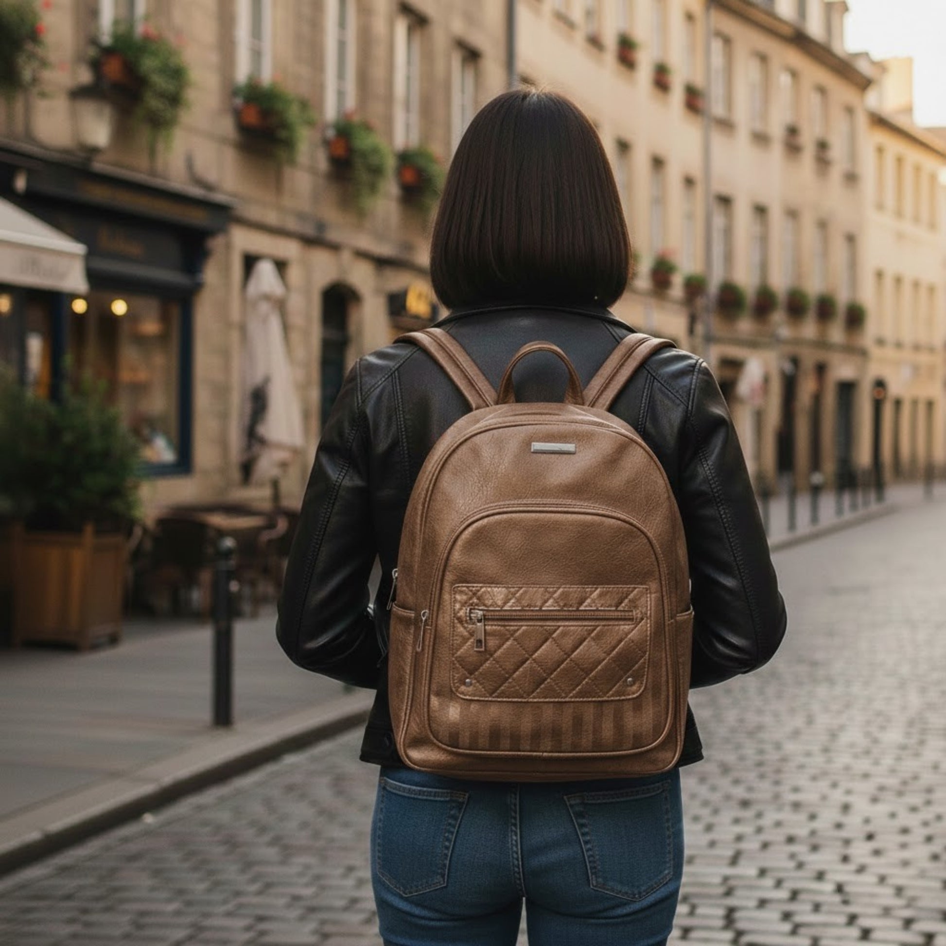 Zaino Donna Ecopelle Camel | Taschino Trapuntato e Manico - Donna Italiana