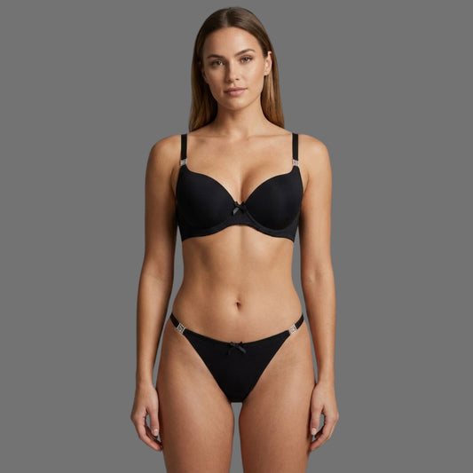 Completo Intimo Nero | Reggiseno Push-Up e Slip con Fiocco - Donna Italiana