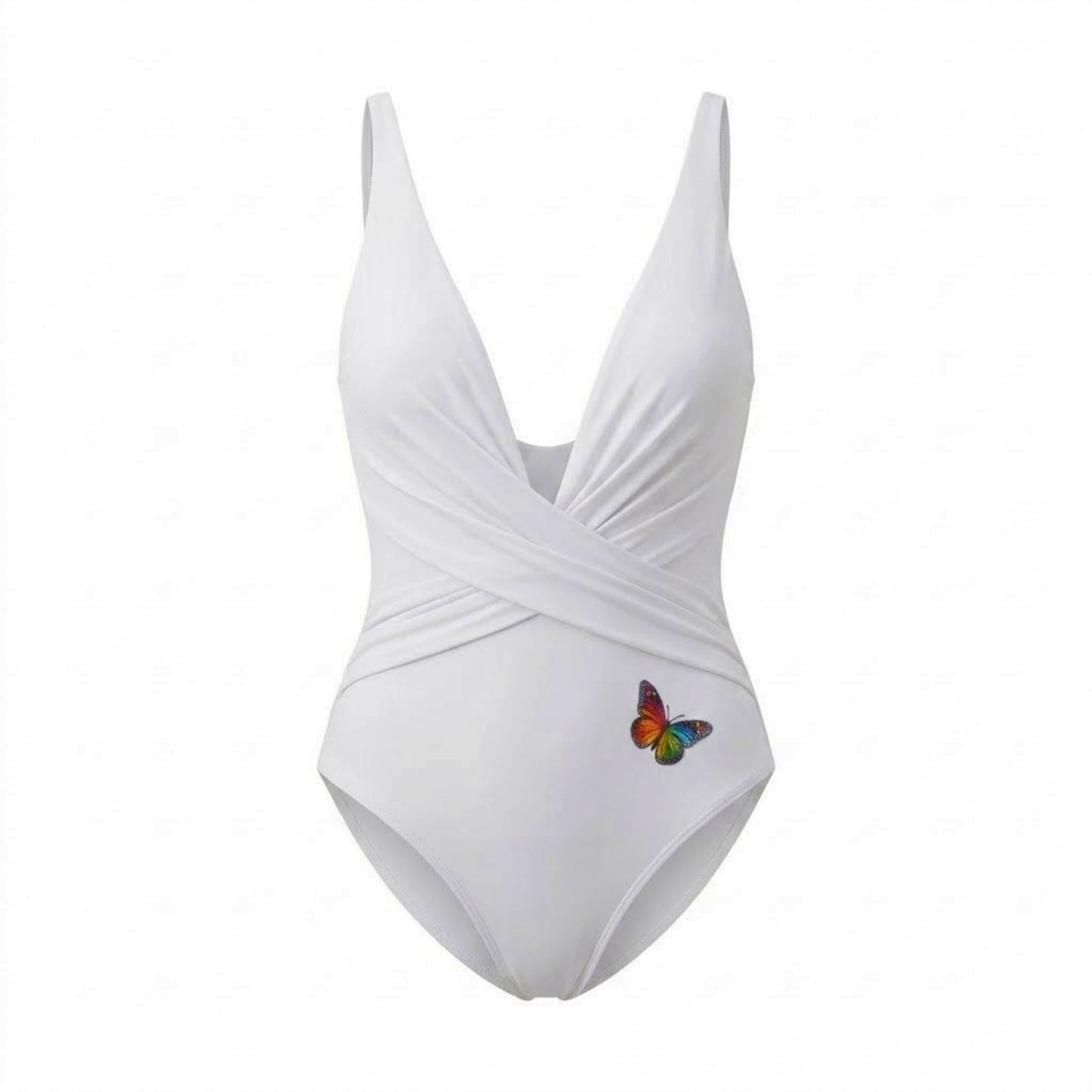 Costume Intero Donna Bianco – Scollo V Profondo, Drappeggio Incrociato e Dettaglio Farfalla