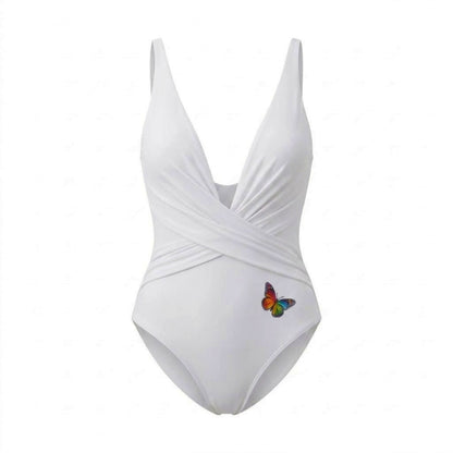 Costume Intero Donna Bianco – Scollo V Profondo, Drappeggio Incrociato e Dettaglio Farfalla