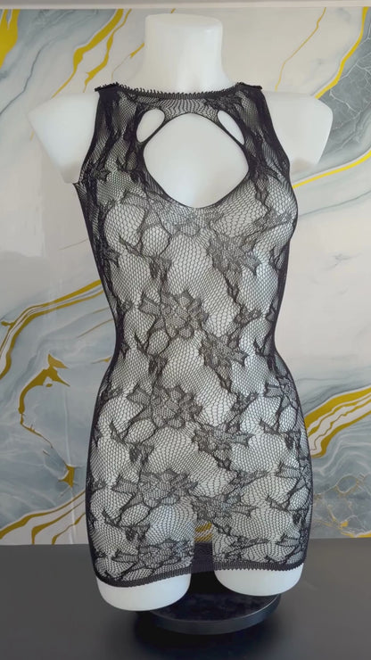Vestito Lingerie Nero in Pizzo Floreale con Cut-Out | Baby Doll Donna Sensuale