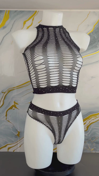Set intimo nero a rete con bralette e slip vita alta donna