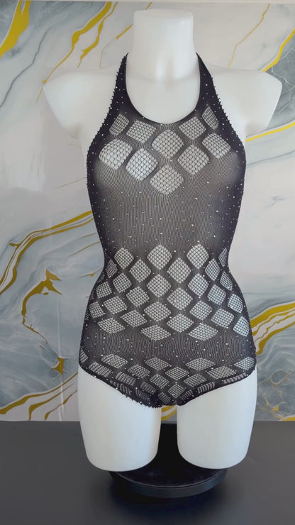 Body Lingerie Nero in Rete con Strass e Motivi Diamante | Lingerie Donna Glamour